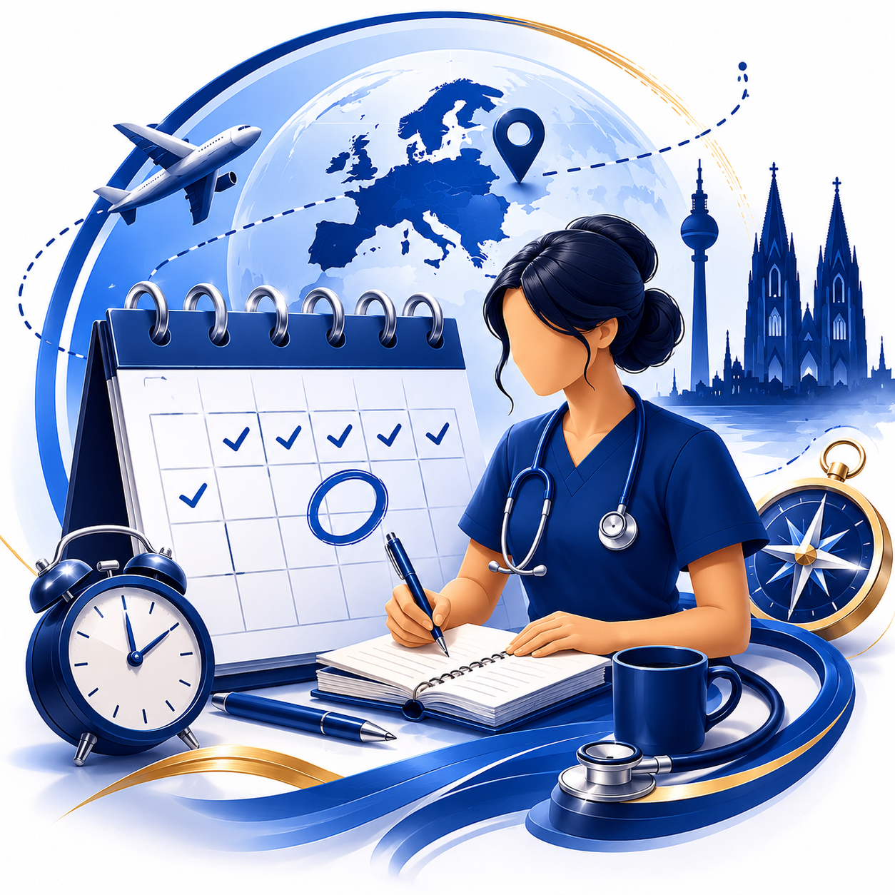 Ilustração do enfermeiro planejando a jornada de 30 dias rumo à Alemanha
